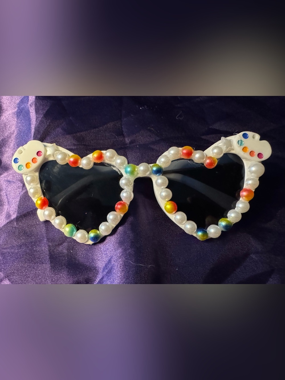 Embellished White Sunglasses with Pearl/Rainbow Beads & art pallet charms